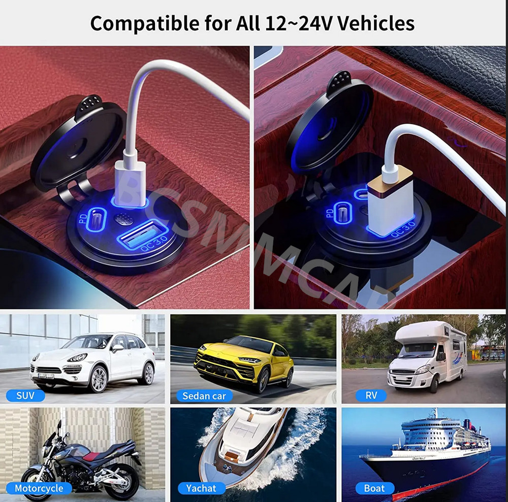 3 Ports USB Dual PD Type-C Fast Car Charger Adapter For Marine Motorcycle ATV