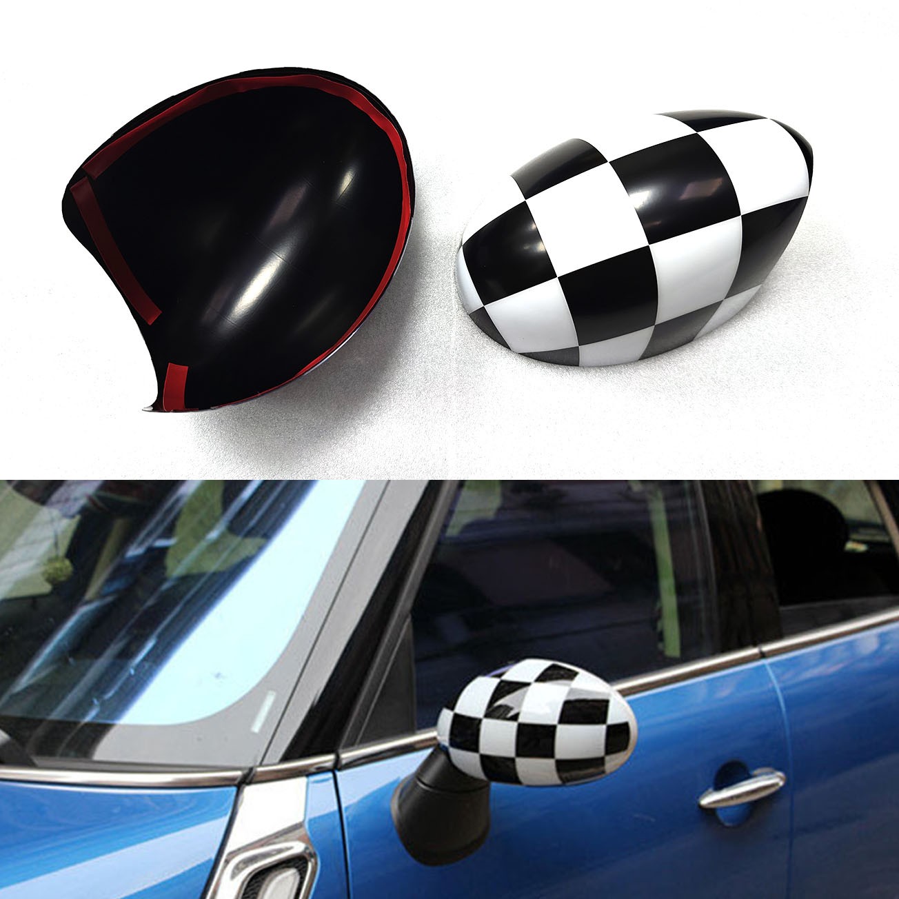 For MINI Cooper R55-R61 Black White Checker Side Mirror Cover Cap Manual Fold
