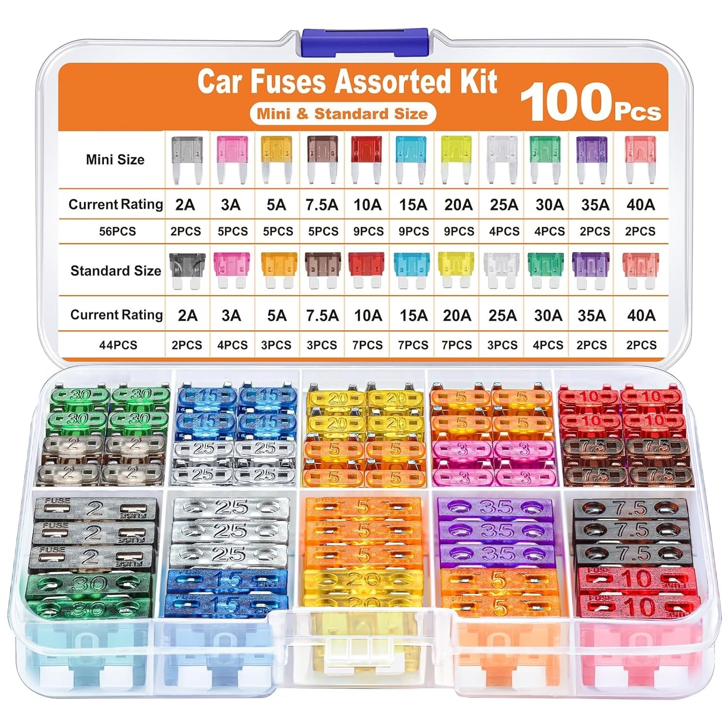 100Pcs Car Fuses Assorted Kit Van Bike Auto Mini & Standard Blade Fuse 2-40A Box