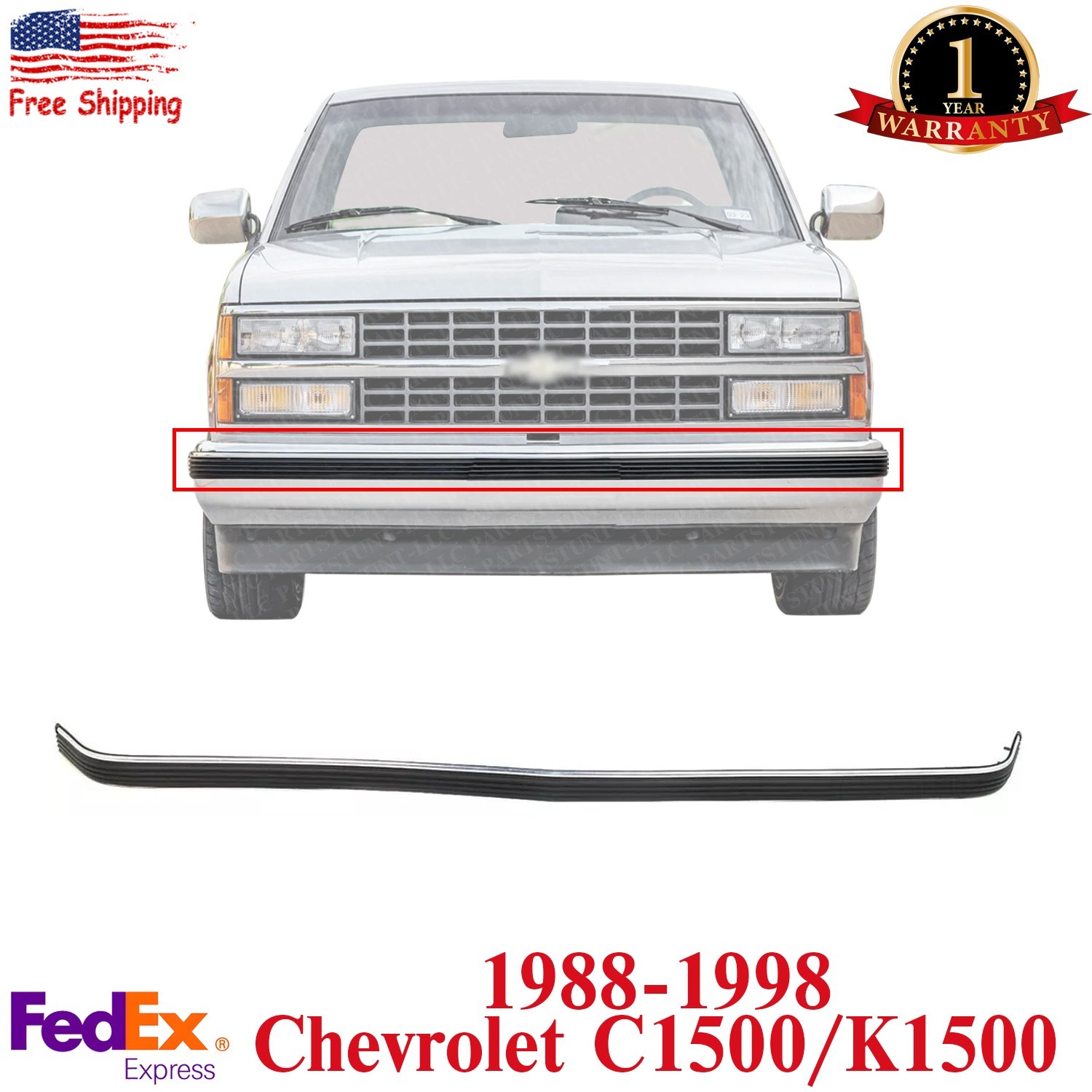 Front Bumper Trim Plastic Black/Chrome For 1988-1998 Chevrolet C1500/K1500