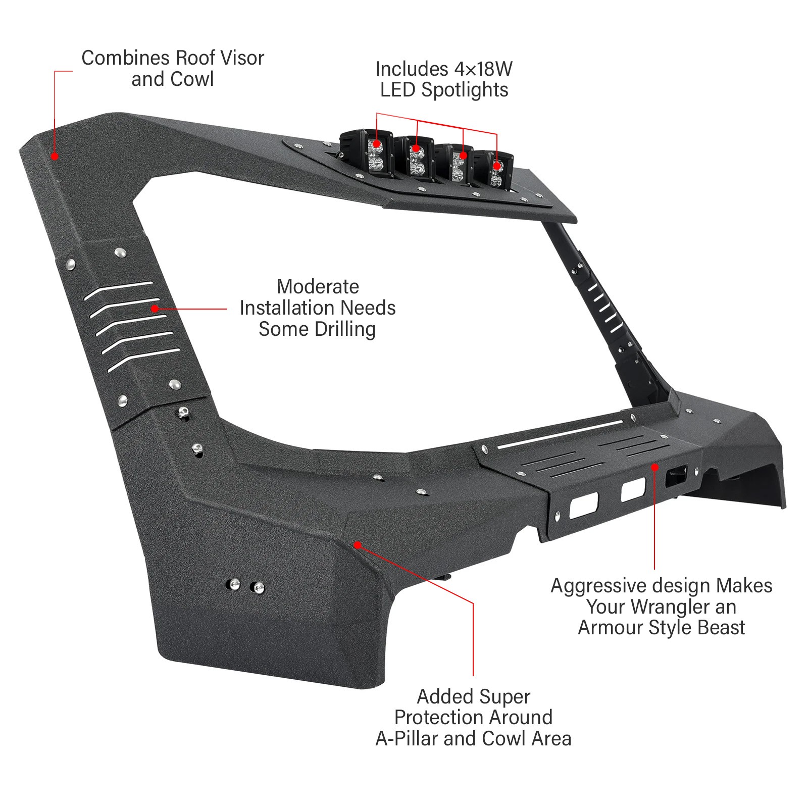 For Jeep Wrangler JK 07-18 Armor Windshield Frame Cover Visor Cowl w/ LED Lights