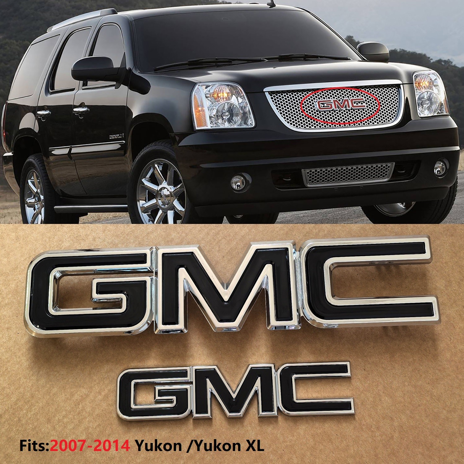 2007-2014 Kit OEM Grille & Rear GMC Emblem Badge for Yukon / XL Chrome Black