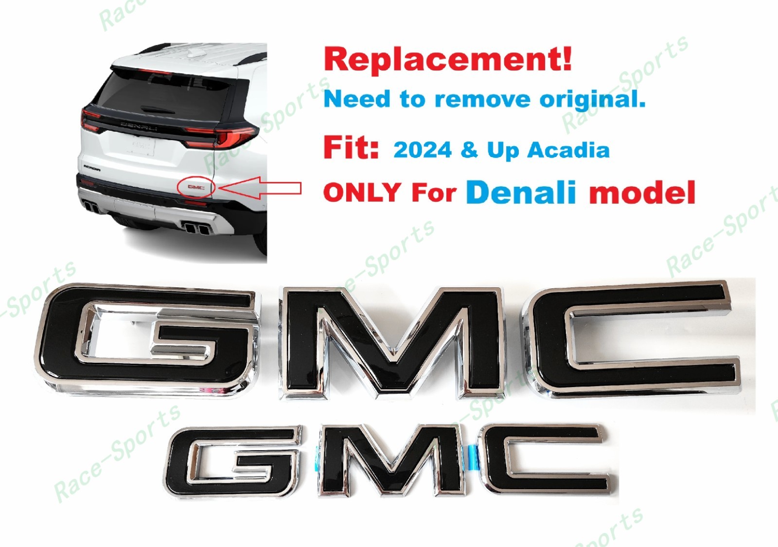 Front Grille Rear Tailgate Chrome Black GMC Emblem Badge 2024+Acadia Denali ONLY