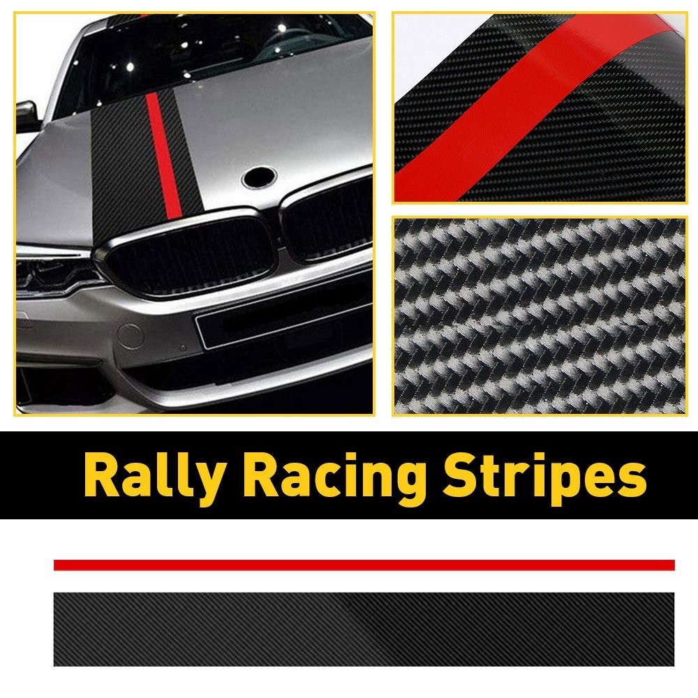5D Carbon Fiber With Red Rally Racing Stripe Hood Front Decal Vinyl Wrap Sticker