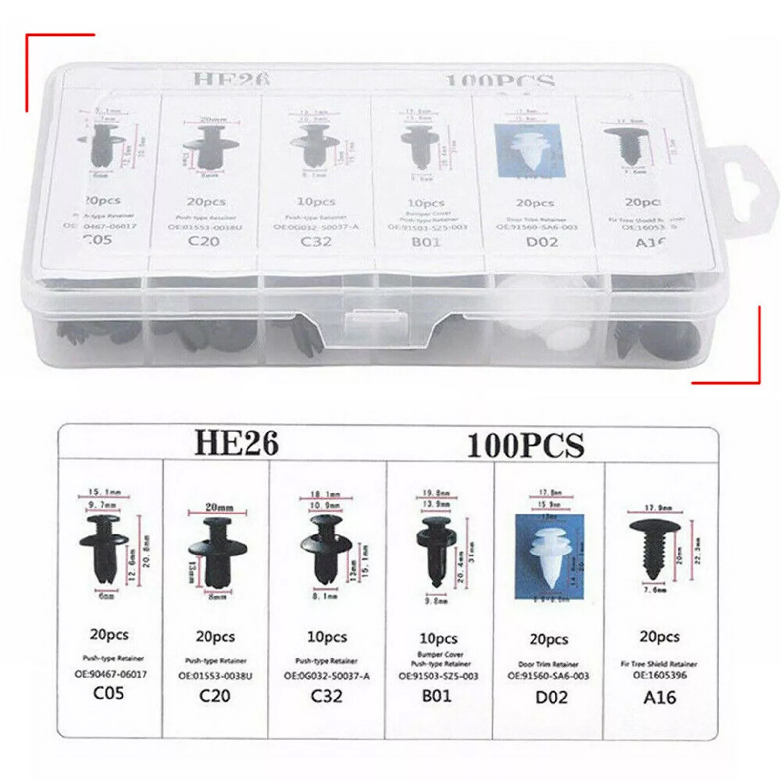 Pack of 100 Retainer Clips Push Type Fasteners Expansion Screws Replacement HE26