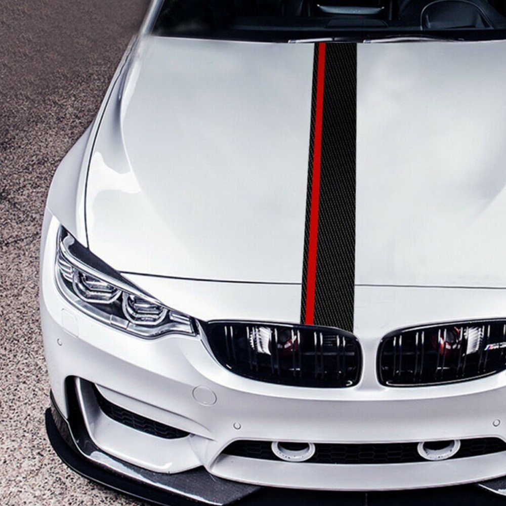 5D Carbon Fiber With Red Rally Racing Stripe Hood Front Decal Vinyl Wrap Sticker