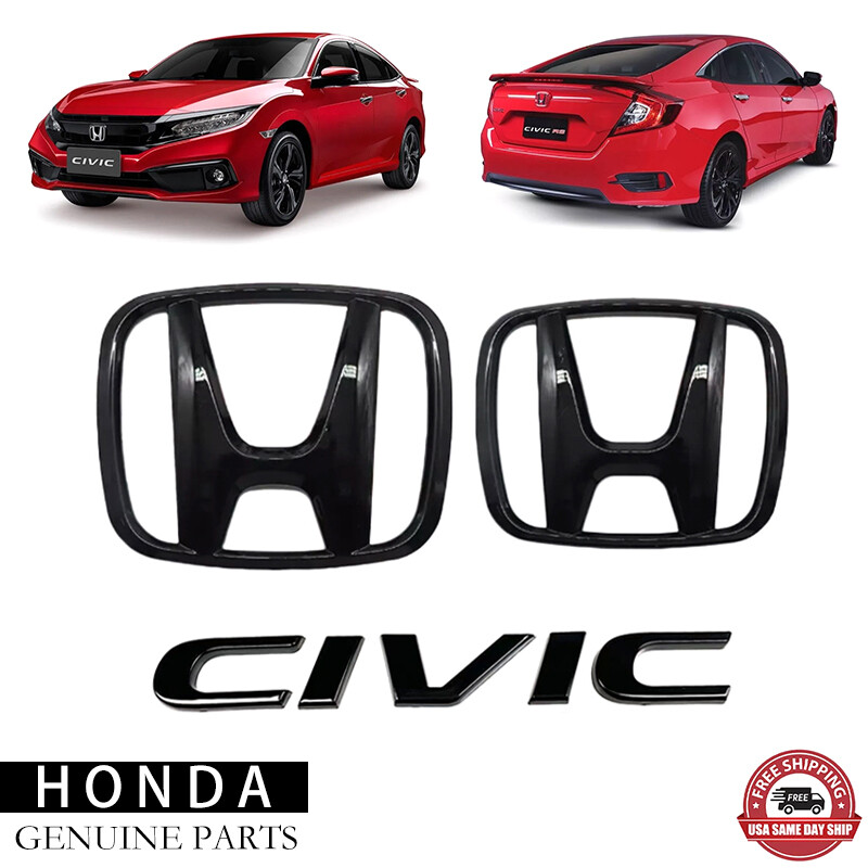 3PCS For 2016-2021 Civic 10th Glossy Black Front Griile Emblem Rear Badge
