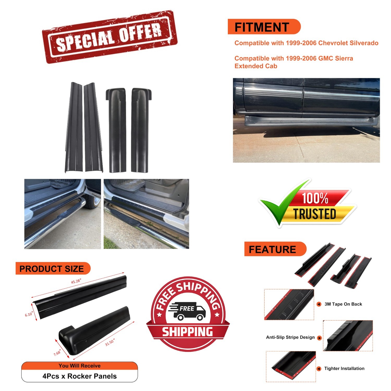 4-Piece Matte Black Rocker Panel Set for 1999-2007 Silverado/Sierra Extended Cab