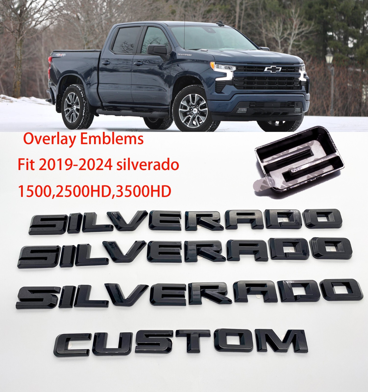 Gloss Black Overlay Emblem Fit 2019-2024 Chevrolet Silverado 1500 Custom