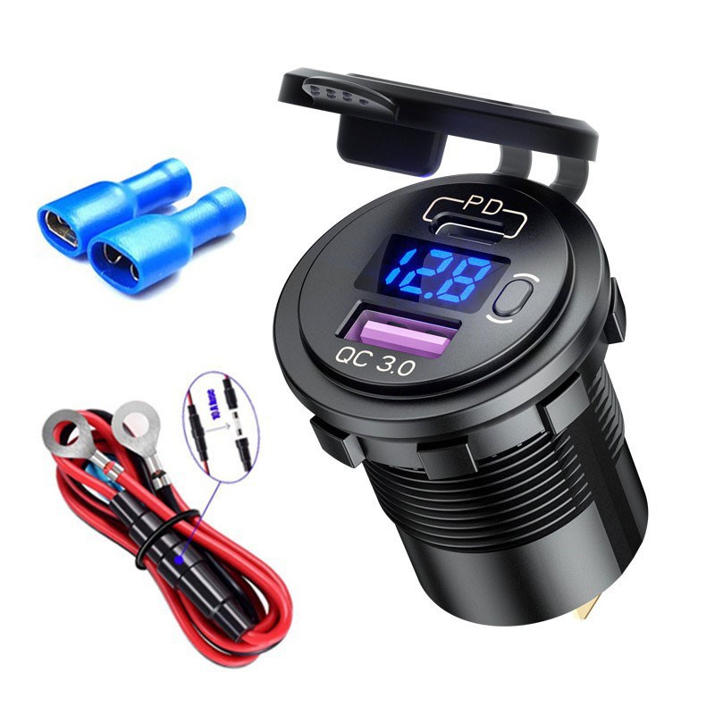 12V QC3.0 Dual USB Car Fast Charger Socket Power Outlet LED Voltmeter Waterproof