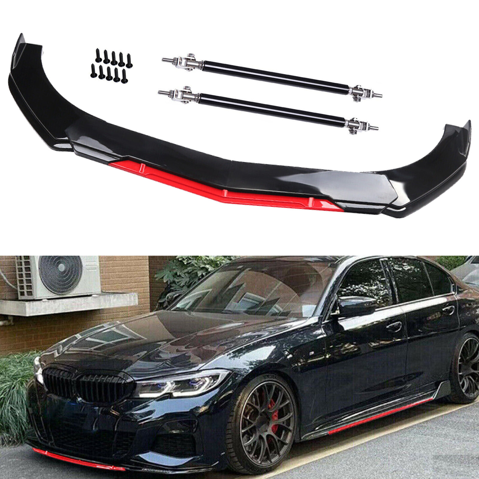For BMW Front Bumper Lip Spoiler Splitter/ Body+Strut Rods Glossy