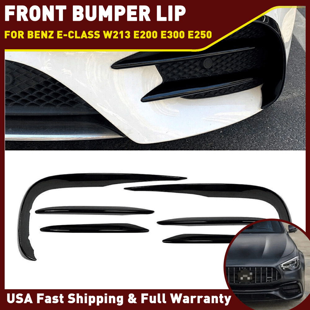 Glossy Black For 2016-20 Benz E-Class W213 Front Bumper Lip Spoiler Fins Canards