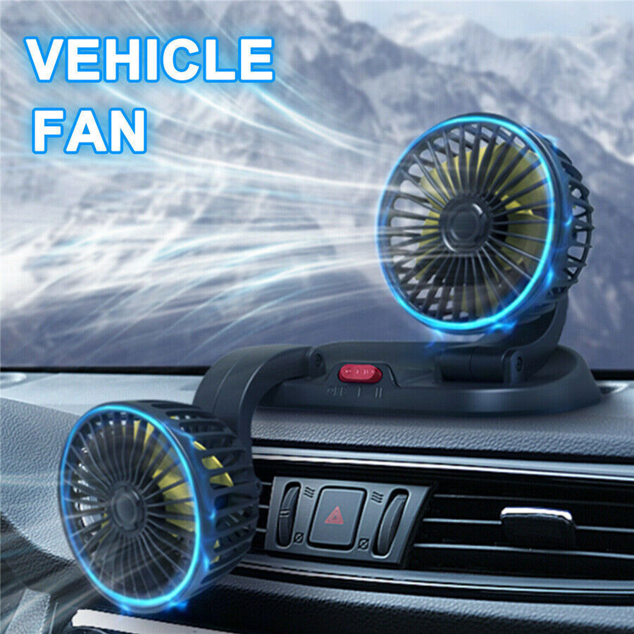 Car Fan Dual Head Dash Cooling Rotatable For Driver Passenger Portable Cooler