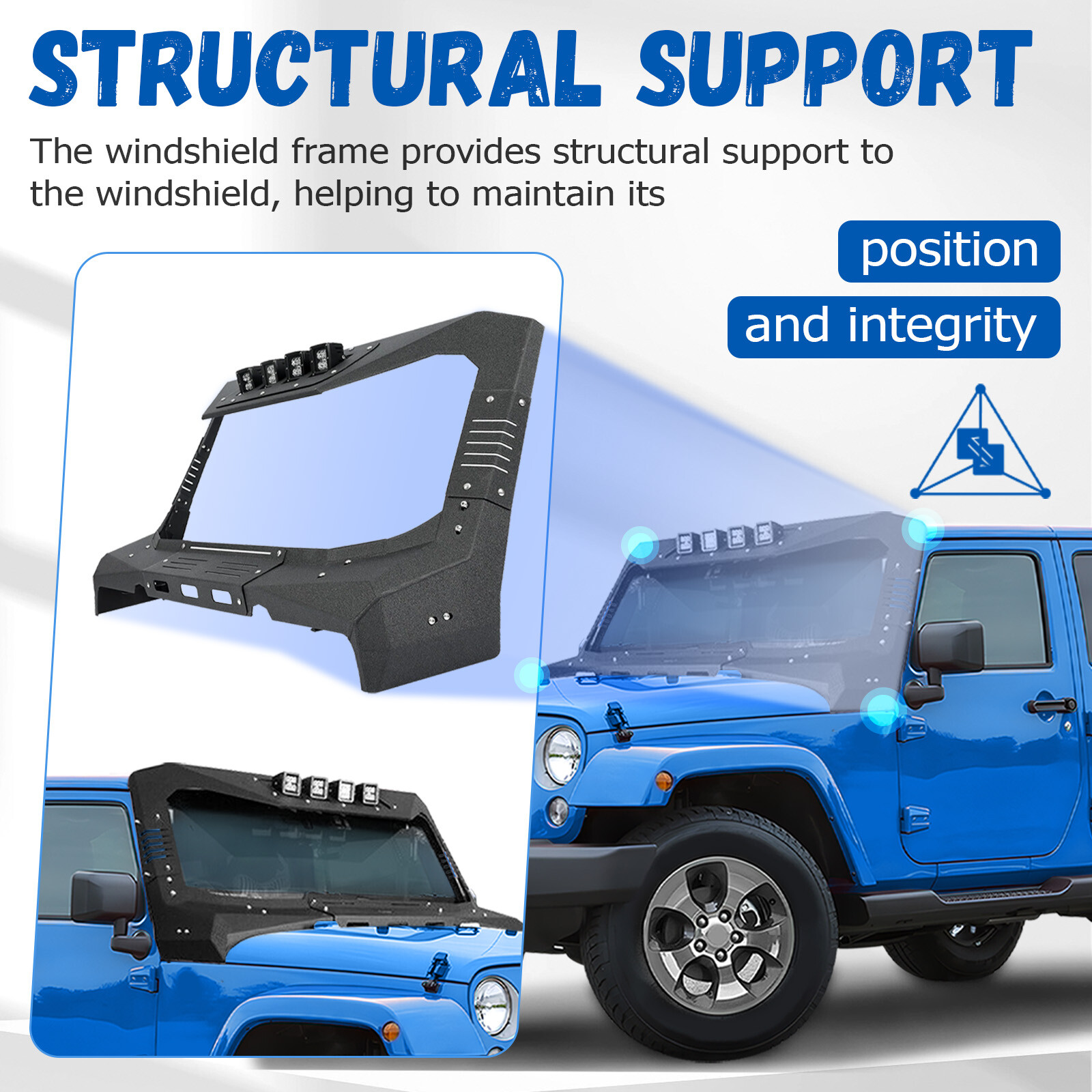 For Jeep Wrangler JK 07-18 Armor Windshield Frame Cover Visor Cowl w/ LED Lights