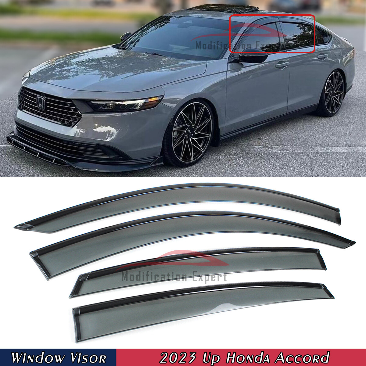 For 2023-24 11th Honda Accord Black Trim Clip-on Smoked Window Visor Rain Guards