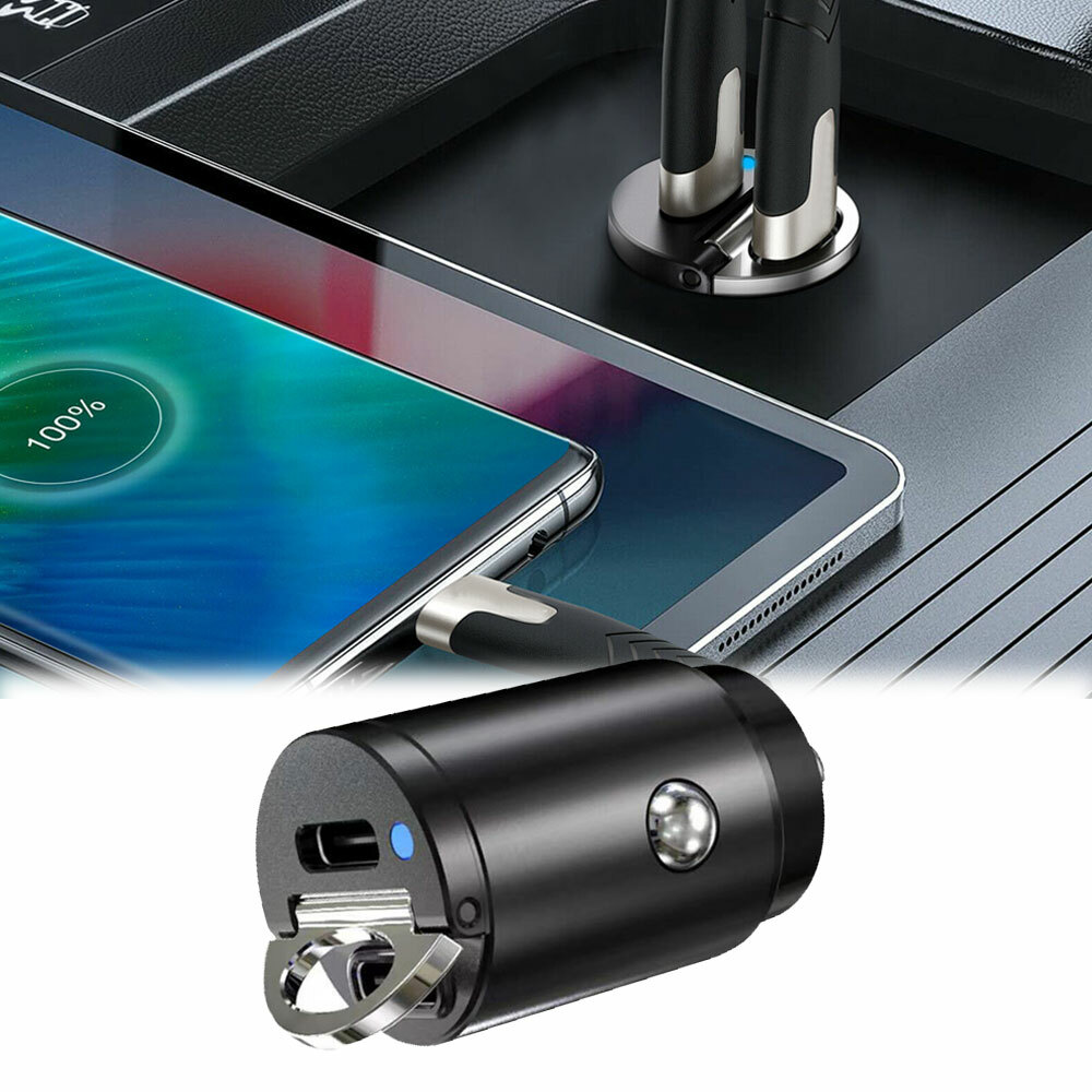 Mini Dual USB Type-C PD Super Fast 30W Car Phone Charger Adapter Black