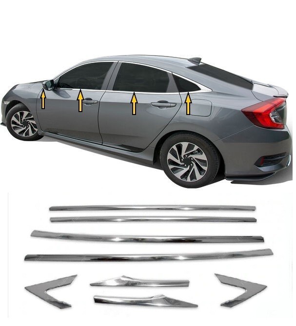 Window Molding Trim Chrome Cover For Civic Fc5 2016-2021 8 PCS Stainless Steel