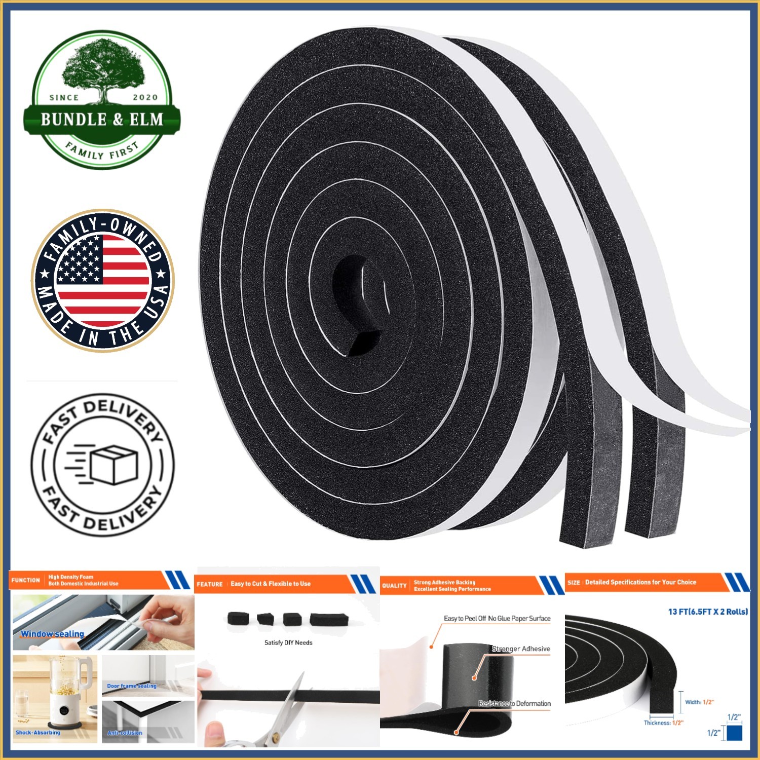 Durable Black Foam Sealing Tape, 1/2 Inch Wide for Sound and Weather Proofing