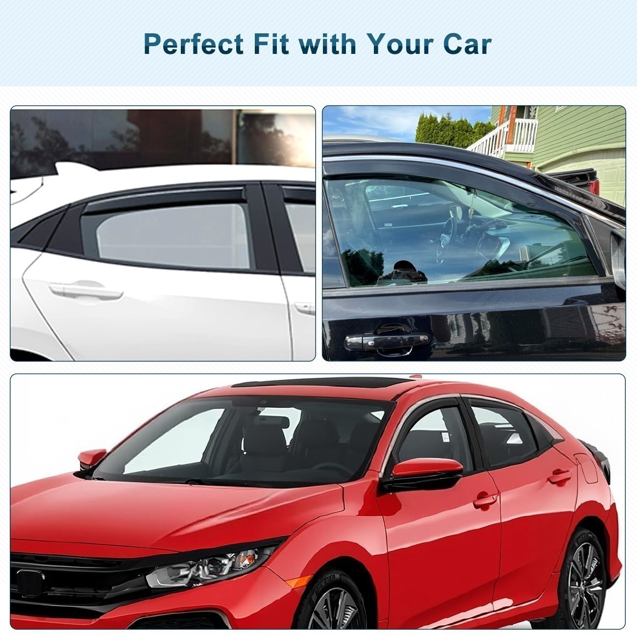 Window Visor Deflector Sun Rain Guards Vent Shade x4 for 16-22 Honda Civic Sedan