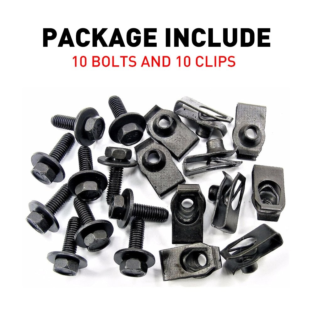 Body Bolts & U-nut Clips- M6-1.0 x 20mm Long- 10mm Hex- 20pcs (10ea)- J#150 USA