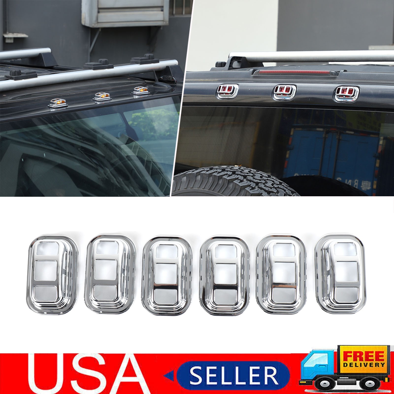 Front+ Rear Car Roof Brake Light Cover Trim For Hummer H2 2003-2009 Chrome 6PCS