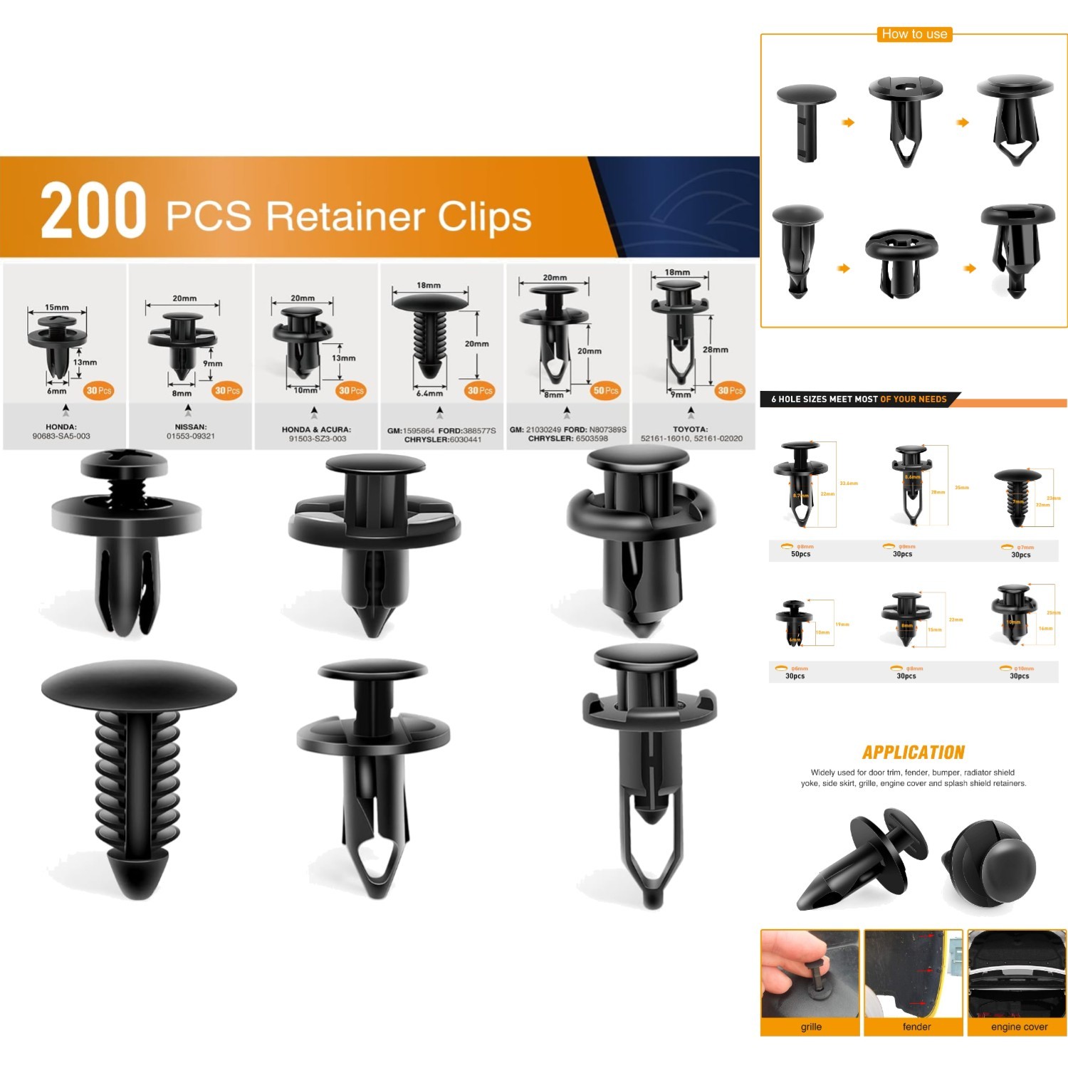 200Pcs Universal Car Push Pin Rivet Clip Bumper Fender Trim Fastener Kit 6 Sizes
