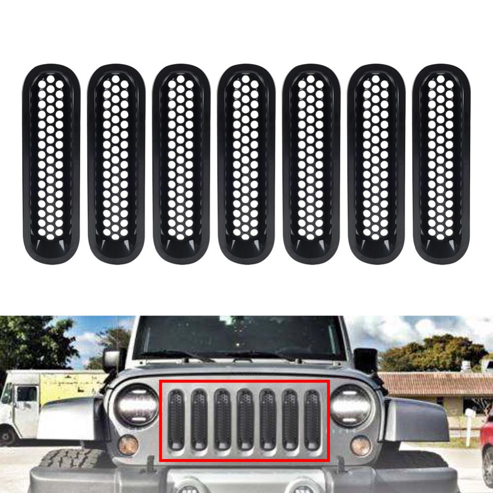 For Jeep Wrangler JK 2007-2017 08 Black 7PCS Front Insert Mesh Grille Trim Cover