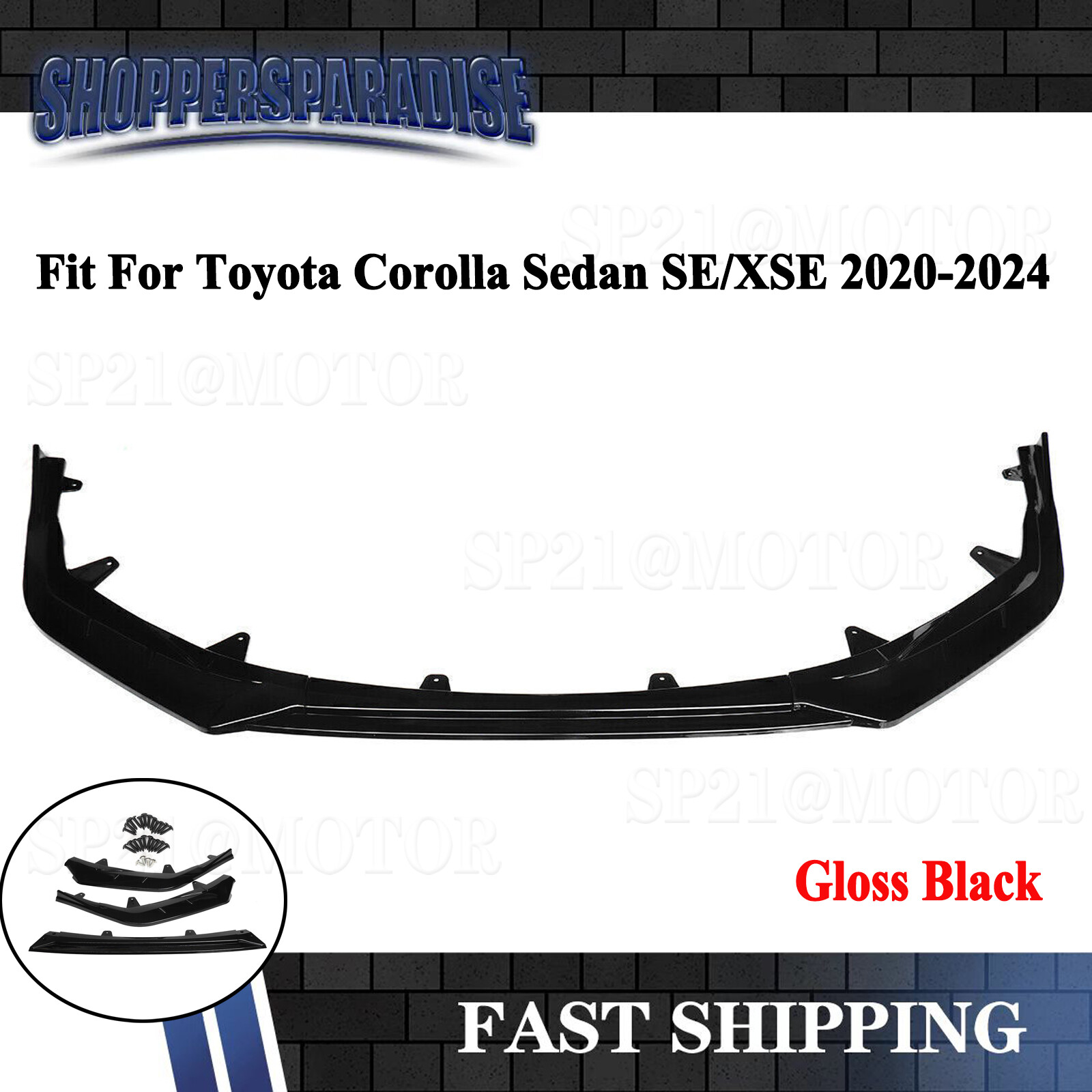 For Toyota Corolla Sedan SE/XSE 2020-2024 V3 Style Front Bumper Lip Glossy Black