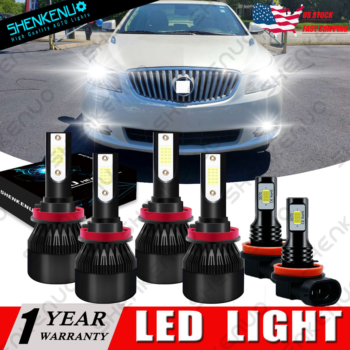 For Buick LaCrosse 2010-2013 COB LED Headlights Hi/Low Beam+Fog Bulbs 6000K C9B