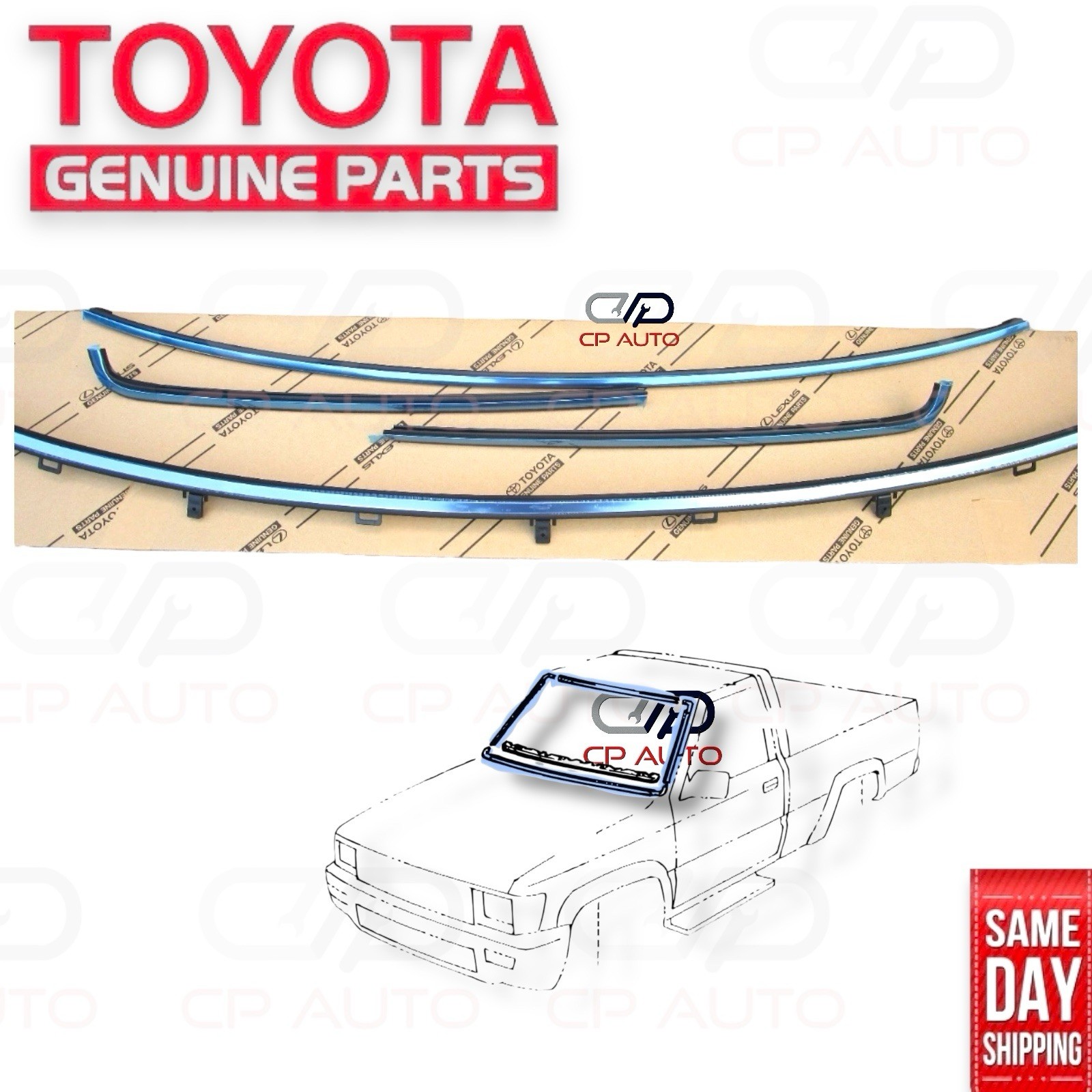 89 – 95 TOYOTA PICKUP FRONT WINDSHIELD CHROME MOLDING TRIM SET OEM NEW