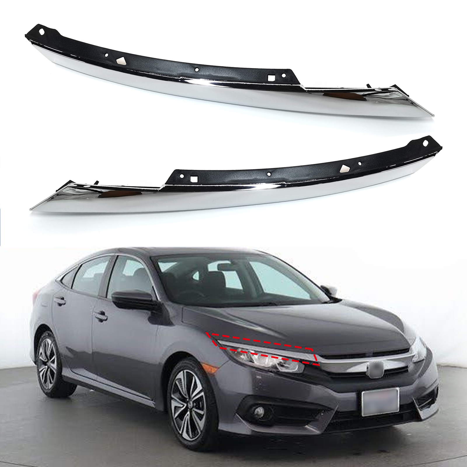 Fit 2016-2017 2018 Honda Civic Chrome Grille Headlight Eyelid Molding Trim LH+RH