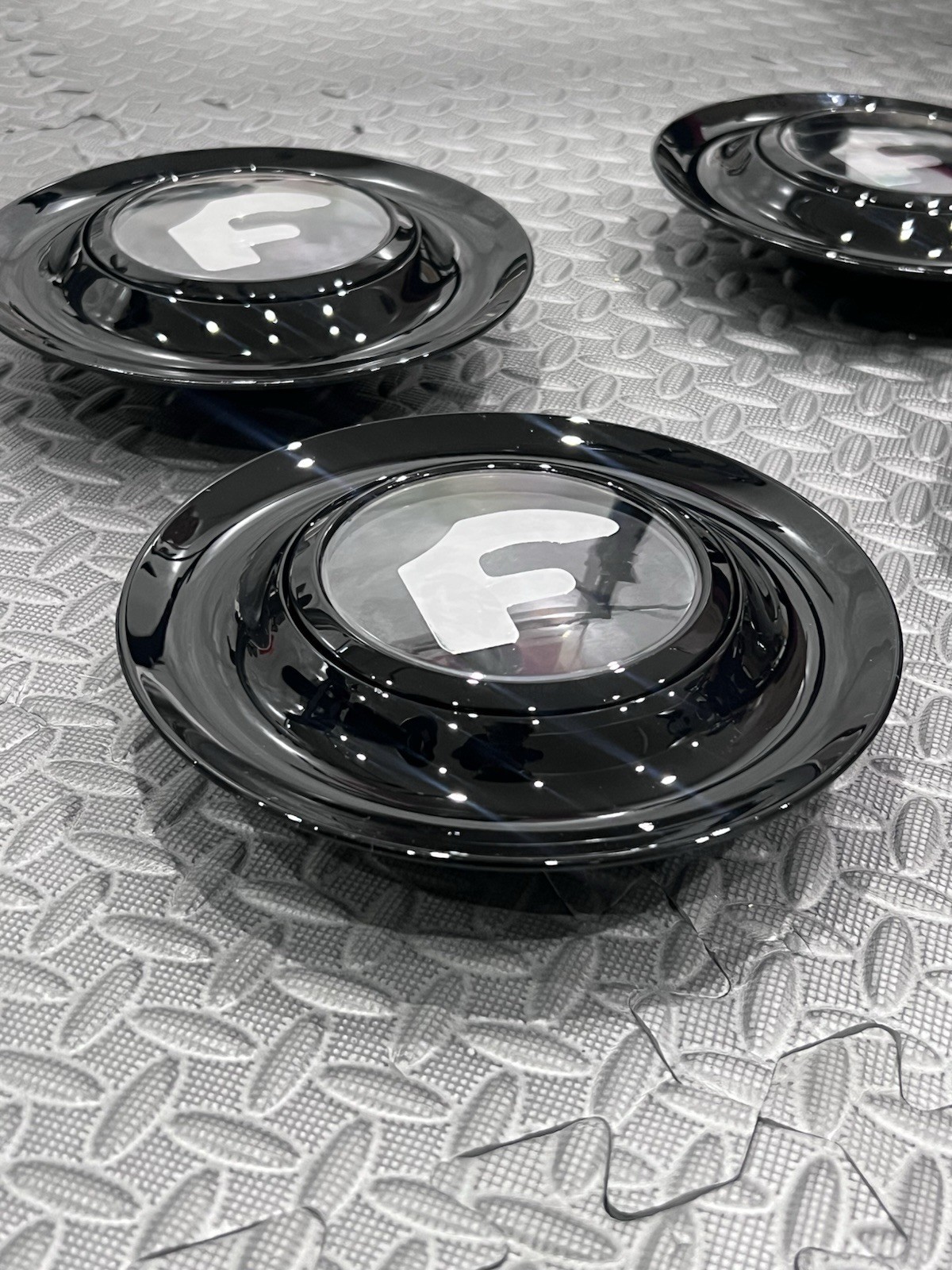 4 pcs Set BLACK CHROME Forgiato Floating Center Caps XL Hubcap Rim 7.2”