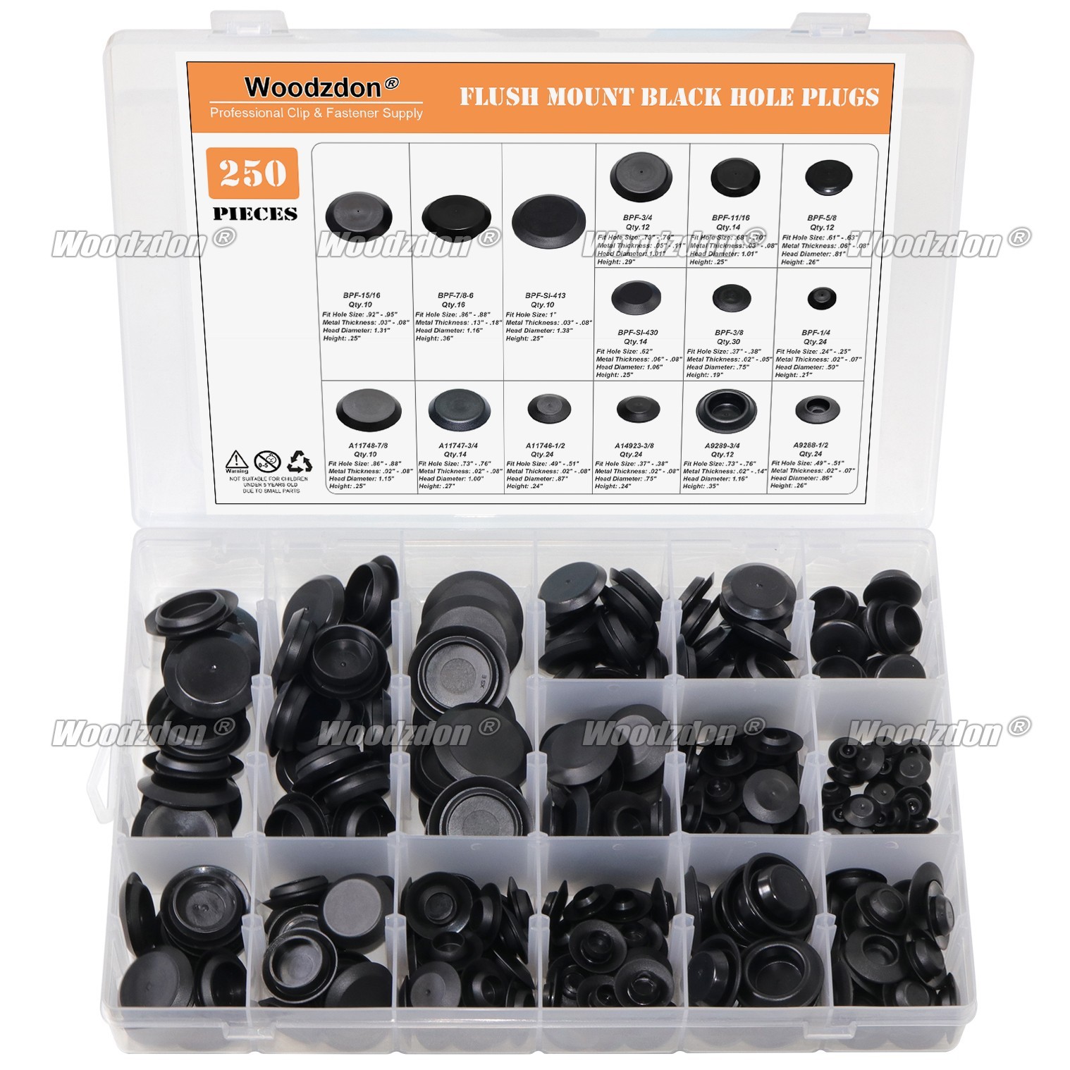 250x Auto Body Black Plastic Hole Plug Button Flush Mount Sheet Metal Assortment