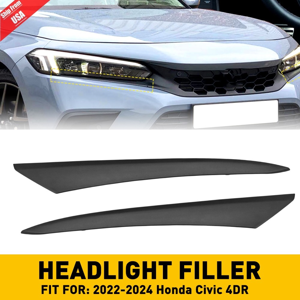 For 2022 2023 Honda Civic Glossy Black Front Headlight Trim Eyelid Moldings Pair