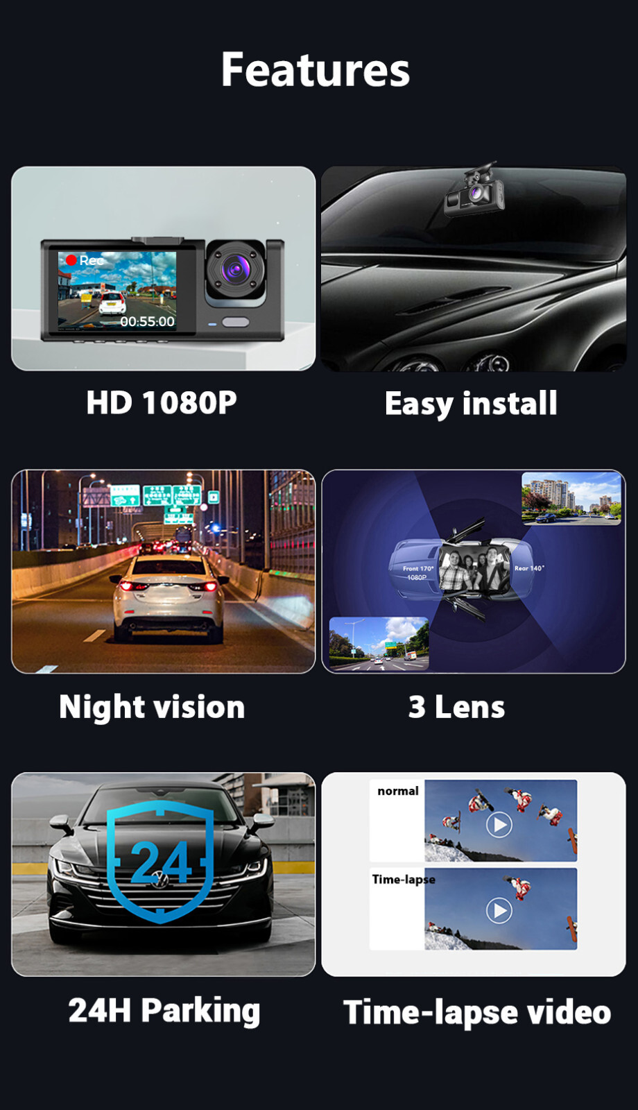 Car Dash Camera DVR Front Inside Rear Cam Video Recorder G-sensor Night Vision