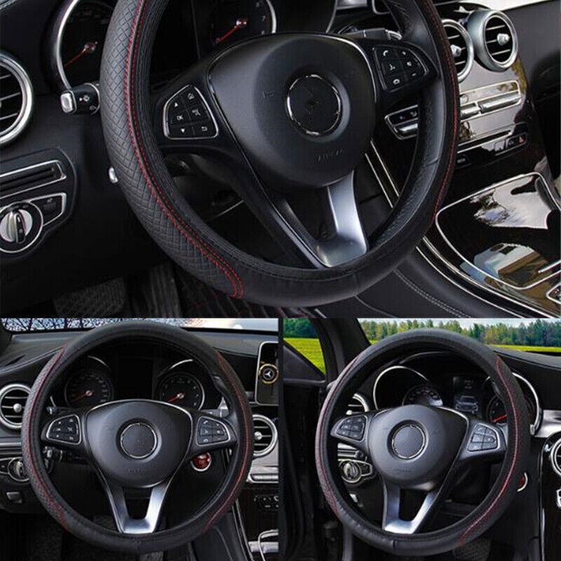 PU Leather Car Steering Wheel Cover Black-Red for Good Grip Auto Accessories 15″