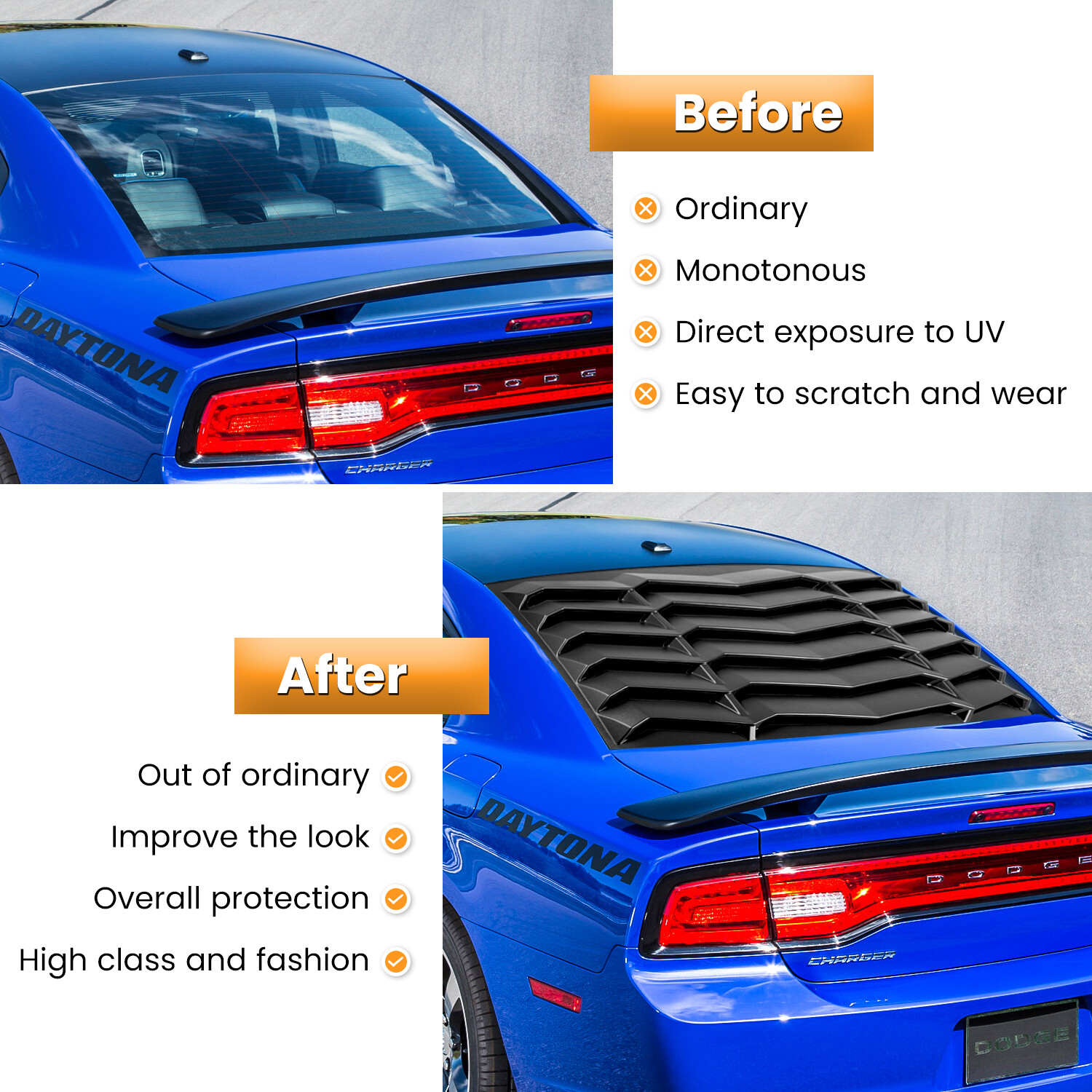 Rear Window Louver Windshield Sun Shade Cover Vent For Dodge Charger 2011-2022