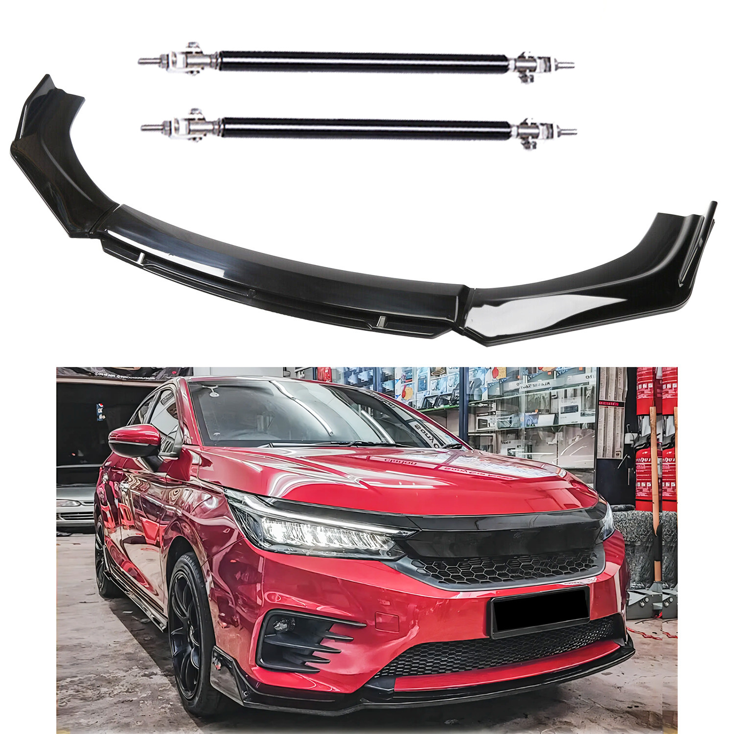 Gloss Black Front Bumper Lip Splitter Spoiler Strut Rods For Honda City