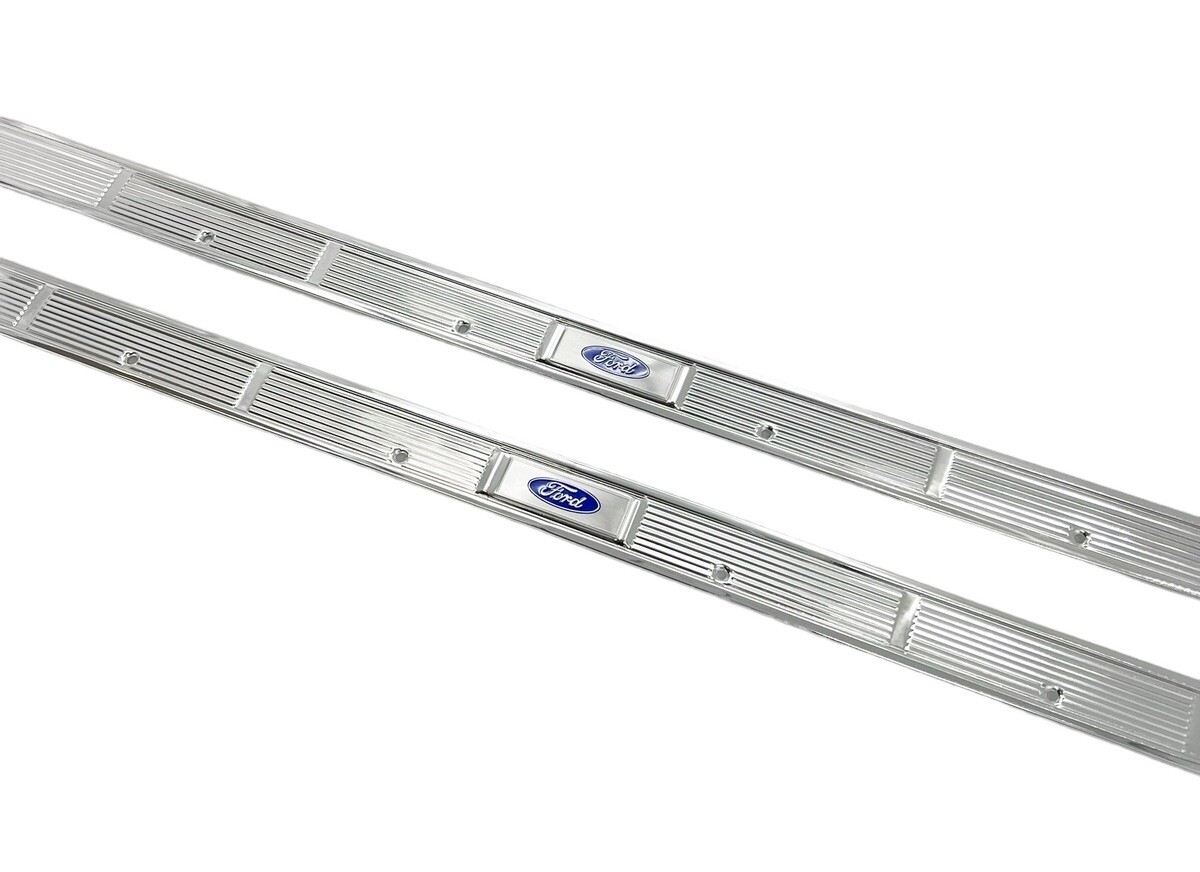 Pair Door Sill Scuff Plates w/ Blue Decals For 1971-1973 Ford Mustang