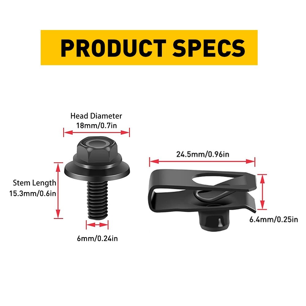 Body Bolts & U-nut Clips- M6-1.0 x 20mm Long- 10mm Hex- 20pcs (10ea)- J#150 USA