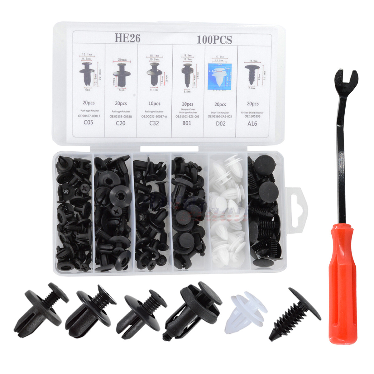 Set of 100 x Bumper Grille Clip Push Type Retainer Clips 6 Size Assortment +Tool