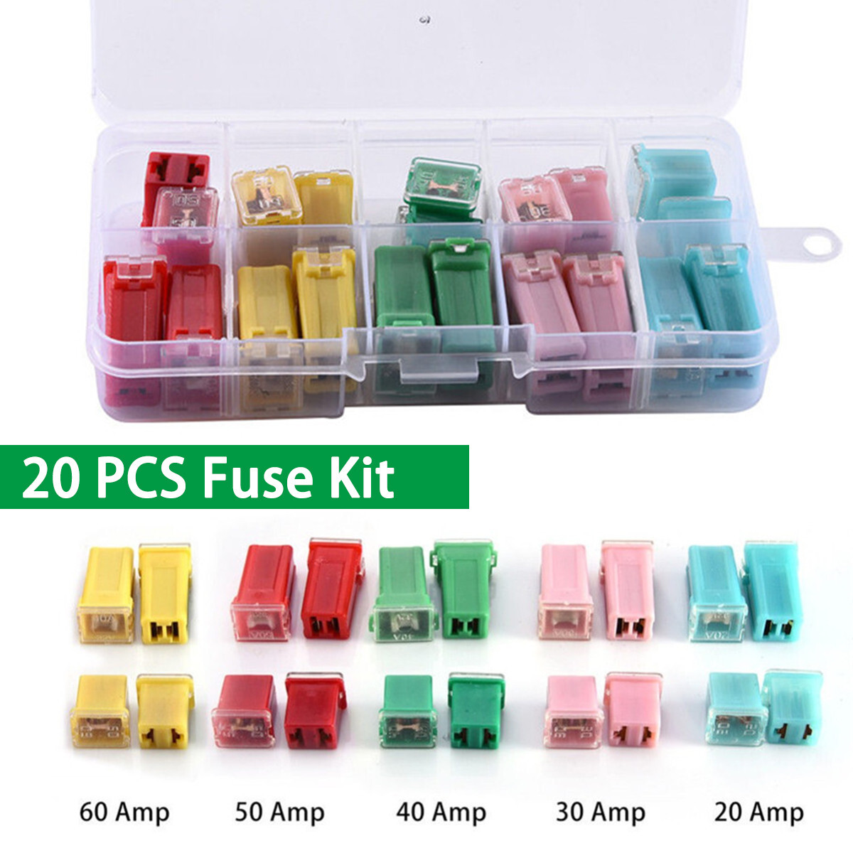 Automotive Mini Square Fuse Assortment Kit 20A 30A 40A 50A 60A AMP W/Box For Car