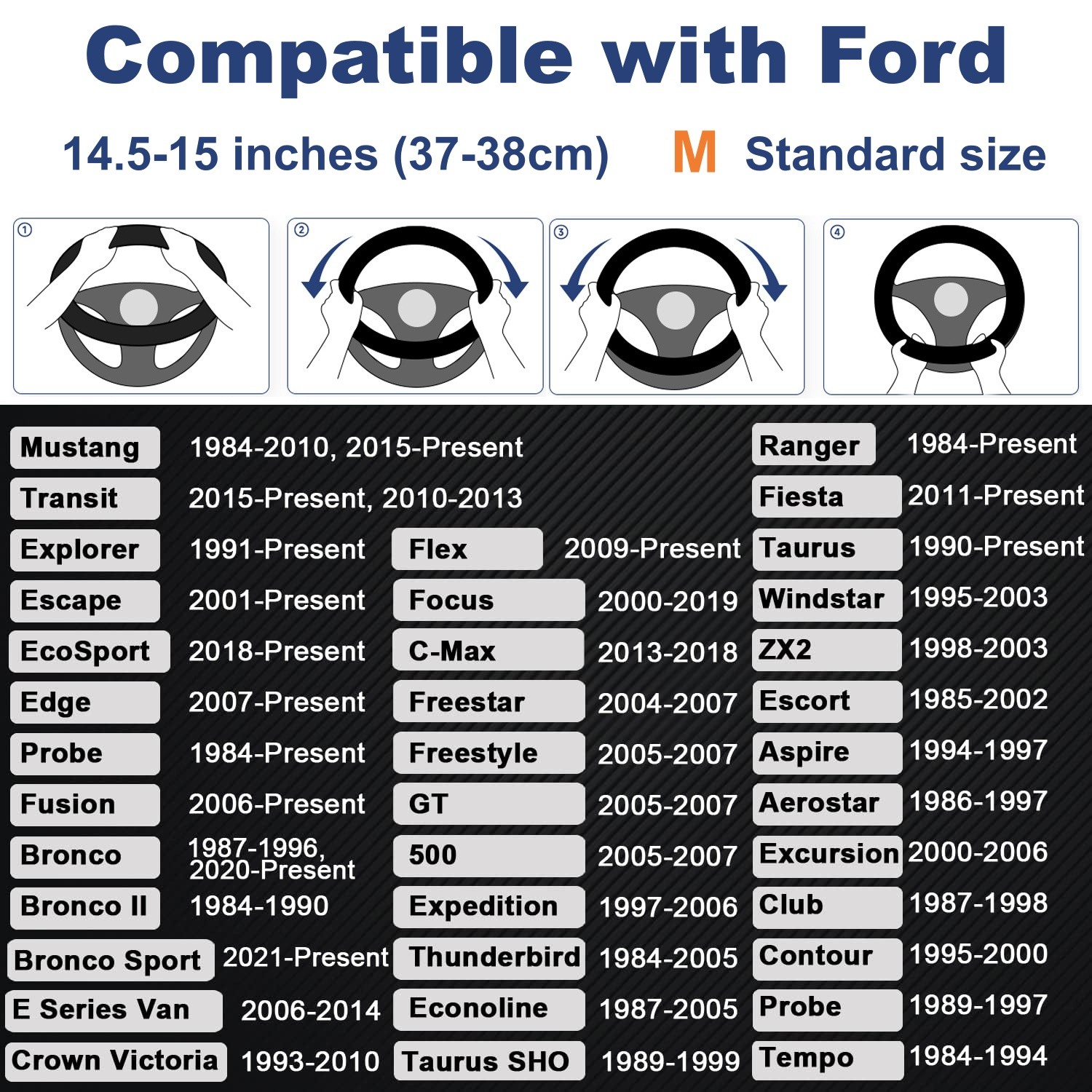 Car Steering Wheel Cover Wood Grain Microfiber Leather For Ford Anti-Slip Lining