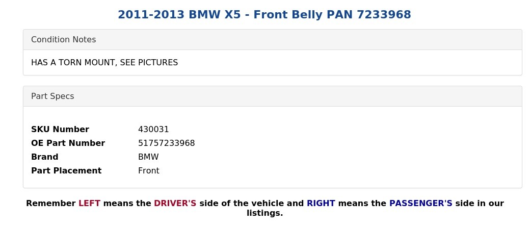 2011-2013 BMW X5 – Front Belly PAN 7233968