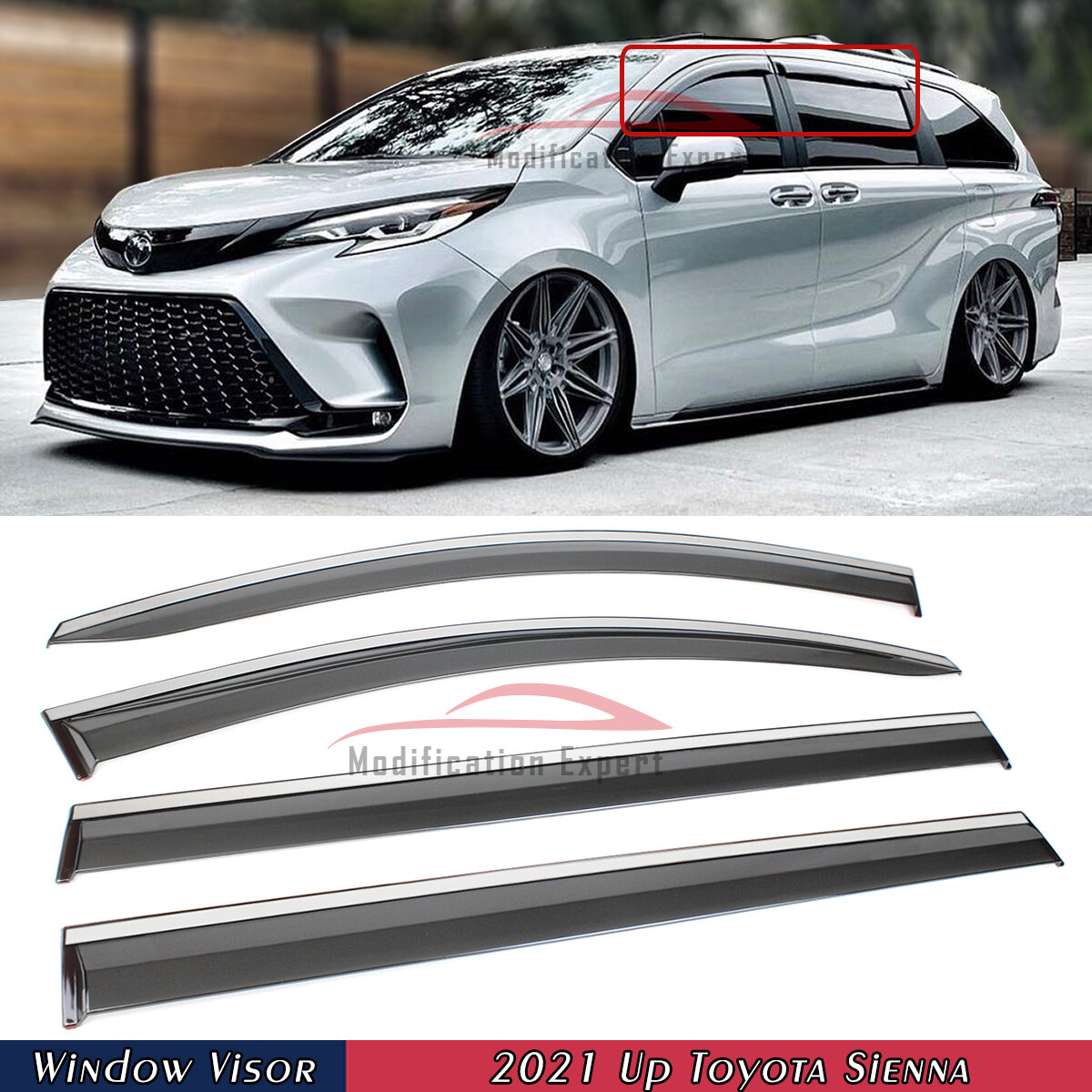 For 2021-2024 Toyota Sienna JDM Chrome Trim Smoke Tinted Window Visor Rain Guard