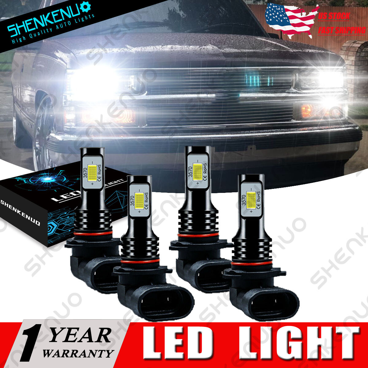 For Chevy C1500 1990-1999 Combo 6000K High&Low Beam Front LED Headlight Set 4