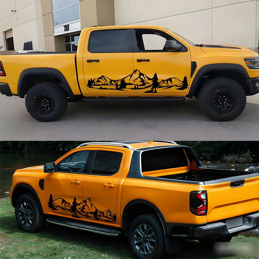 2pcs 59” Black Mountain Tree Graphic Side Body Door Sticker For Truck Pickup