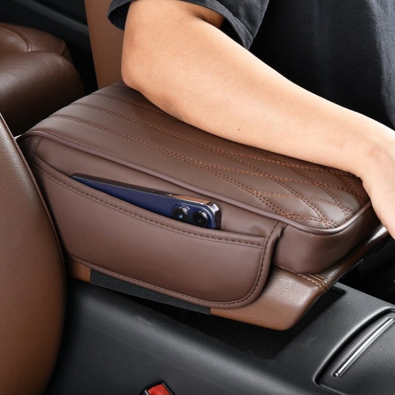 Car Center Console Cover PU Leather Car Arm Rest Cushion Pad with 2 Storage Bags