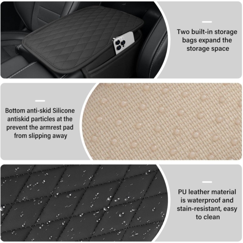 Car Center Console Cover with 2 Storage Bags PU Leather Armrest Cover Waterproof
