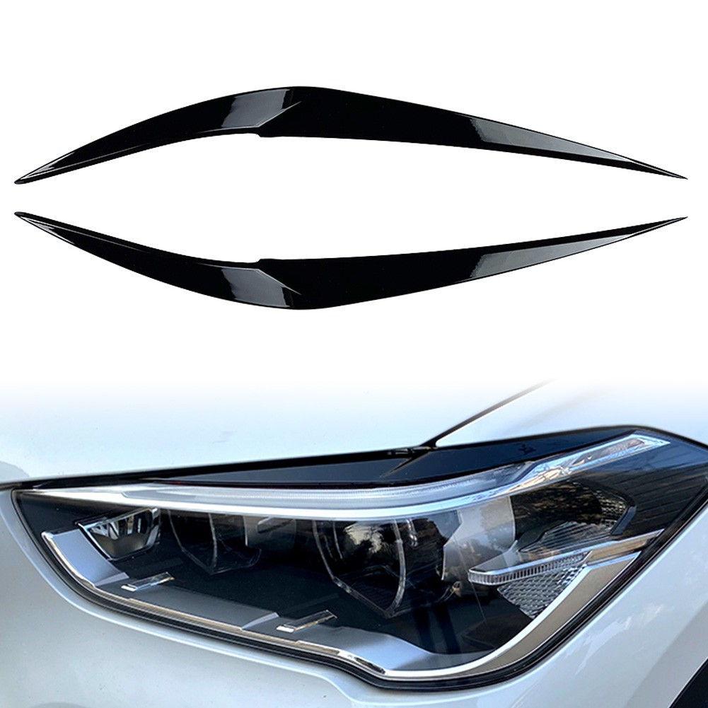 Pair Gloss Black Headlight Eyebrow Eyelid Cover Trim For BMW X1 F48 2016-2020